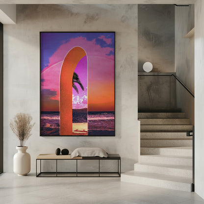 Pink Vaporwave Archway by the Sea Canvas Wall Art | Portal Vaporwave
