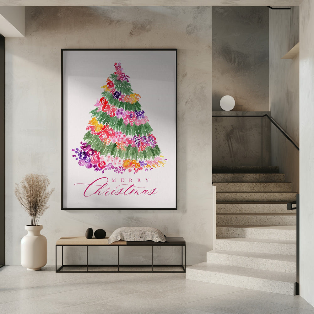 Impression sur toile Arbre de Noël floral rose