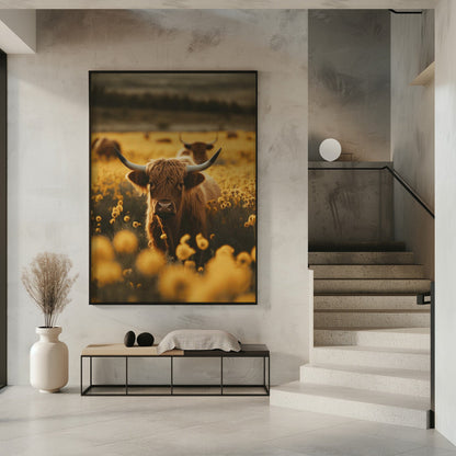 Art mural vaches des Highlands dans un champ de fleurs