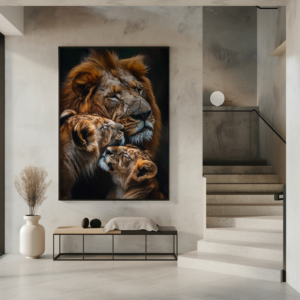 Warm Toned Lion Family Portrait Canvas Wall Art | Poster Lion Family 2