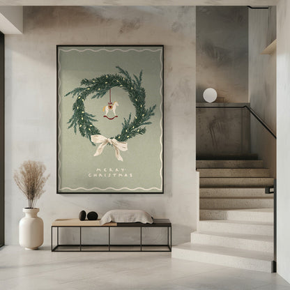 Toile murale Chevaux Jouet sur une couronne de Noël avec nœud