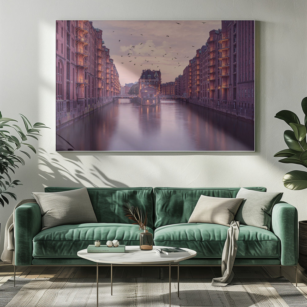 Warm Toned Warehouse Canal Cityscape Canvas Wall Art | City of Warehouses