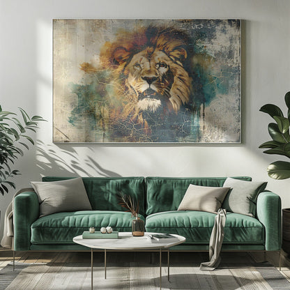 Vintage Lion Portrait with Teal and Gold Texture Canvas Wall Art | Lion Animal Vintage Art Illustration Wallart 06