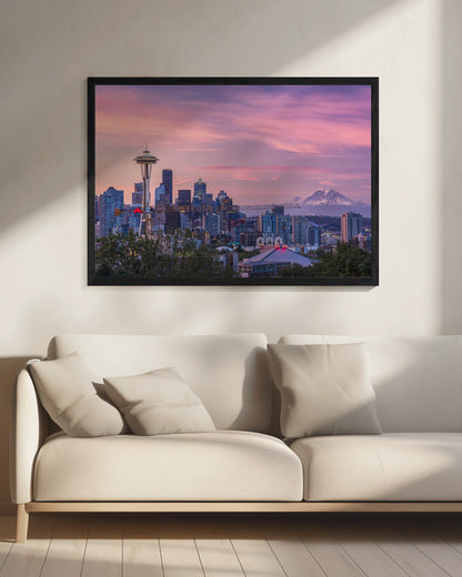Seattle Skyline with Pink Morning Sky Canvas Wall Art | Good Morning, Seattle!