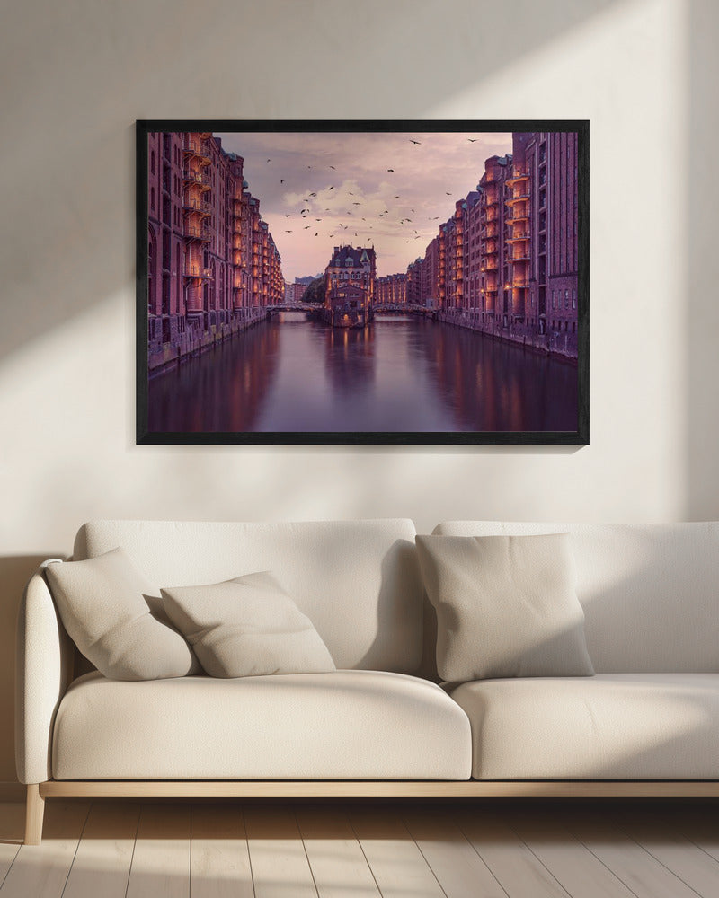 Warm Toned Warehouse Canal Cityscape Canvas Wall Art | City of Warehouses