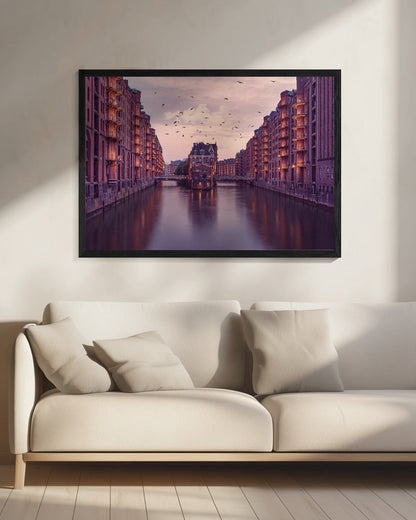 Warm Toned Warehouse Canal Cityscape Canvas Wall Art | City of Warehouses