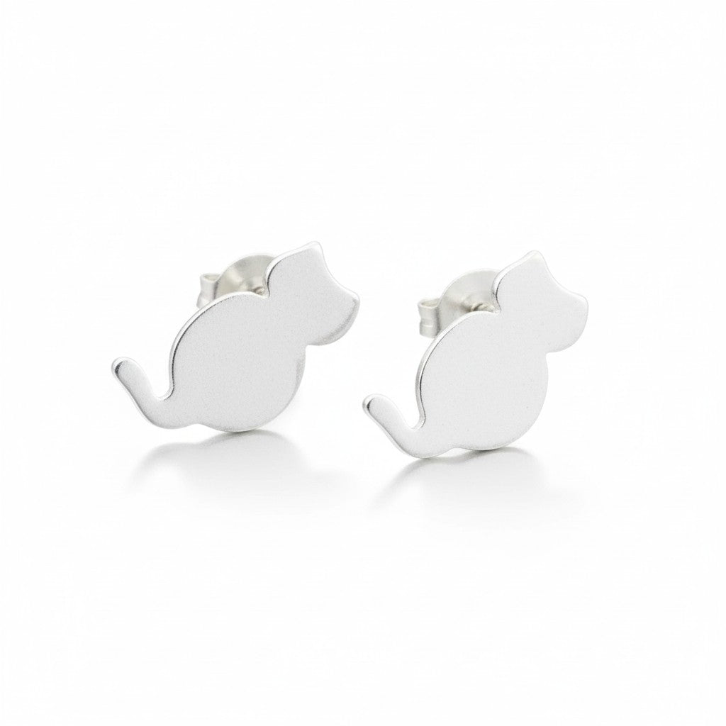 Cat Silver Plate Stud Earrings