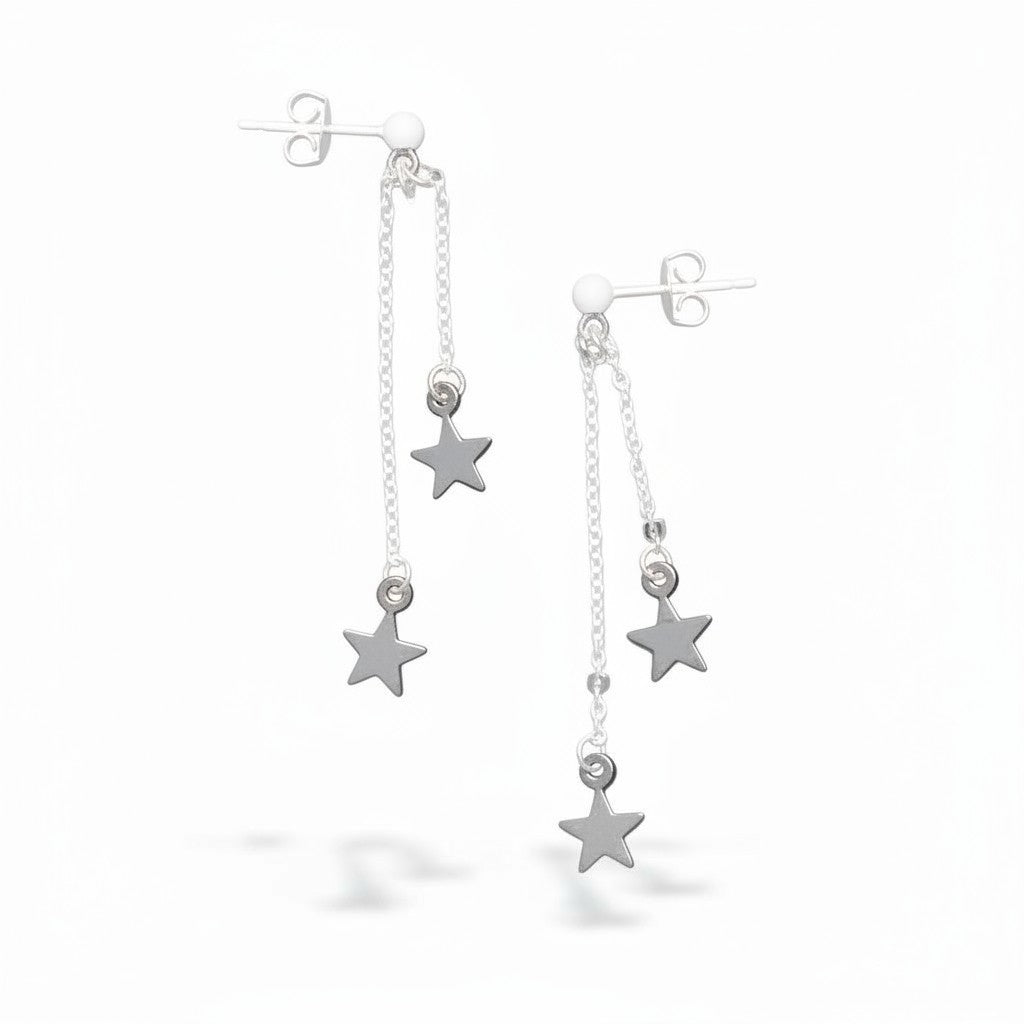 Boucles d'oreilles clous chaîne étoile double pendante en plaqué argent - SP406S