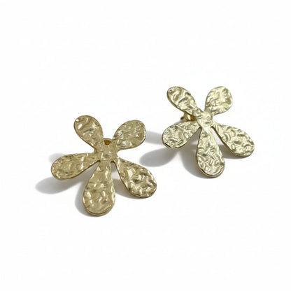 Beaten Metal Flower Stud Earring - Gold Stainless Steel
