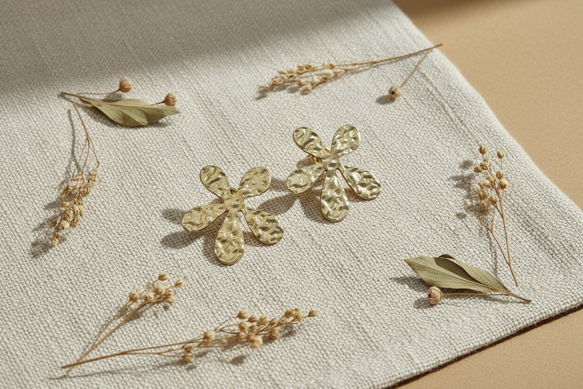Beaten Metal Flower Stud Earring - Gold Stainless Steel