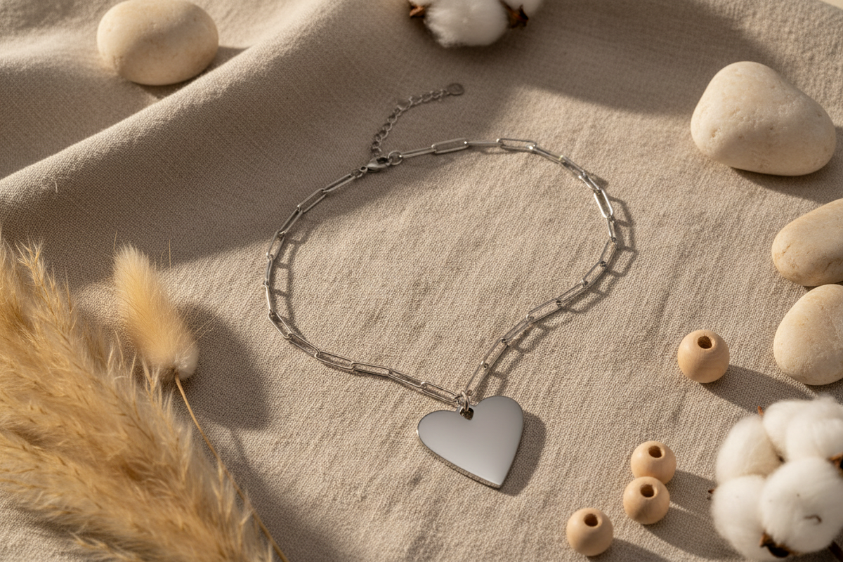 Short Chainlink Heart Pendant Necklace - Grey Stainless Steel
