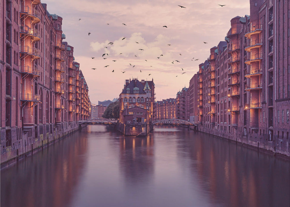 Warm Toned Warehouse Canal Cityscape Canvas Wall Art | City of Warehouses