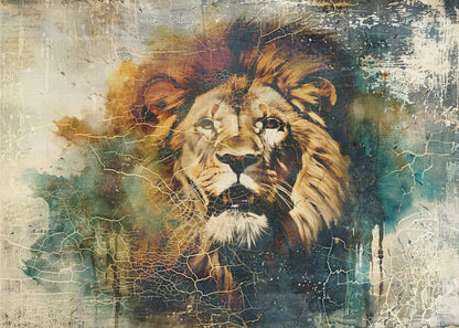 Vintage Lion Portrait with Teal and Gold Texture Canvas Wall Art | Lion Animal Vintage Art Illustration Wallart 06