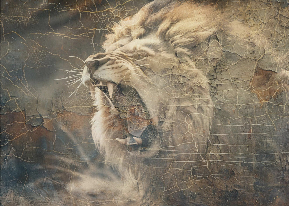 Roaring Lion in Weathered Earth Tones Canvas Wall Art | Lion Animal Vintage Art Illustration Wallart 09