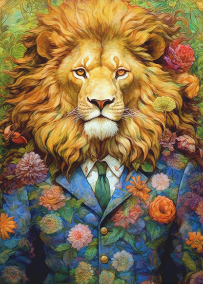 Lion in a Colourful Floral Suit Canvas Wall Art | Lion animal art #lion