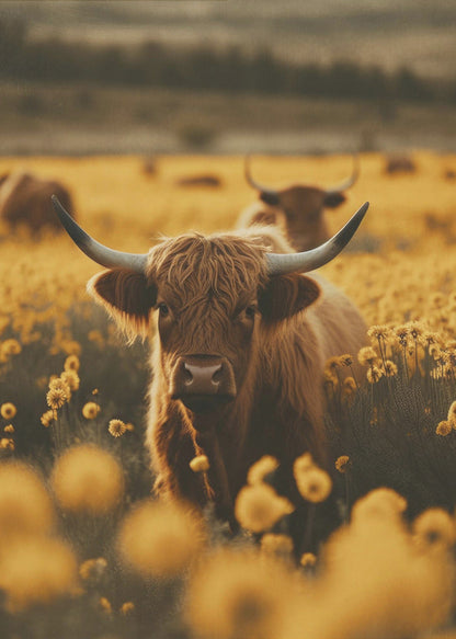 Art mural vaches des Highlands dans un champ de fleurs