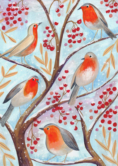 Décoration murale Oiseaux d'hiver rouges-gorges neige de Noël Toiles