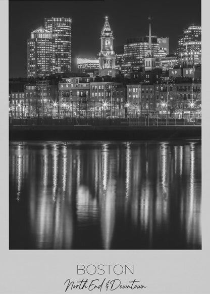 Boston Waterfront Night Reflections Canvas Wall Art | BOSTON Evening Skyline of North End