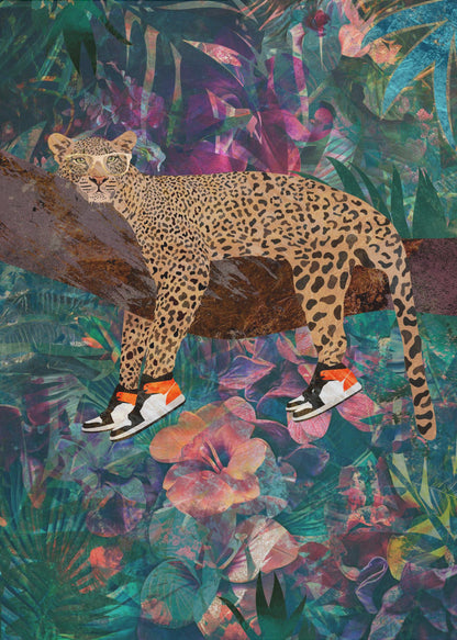 Leopard Wearing Shoes in a Tropical Jungle Canvas Wall Art | Tropical Floral Jungle - Leopard wearing shoes