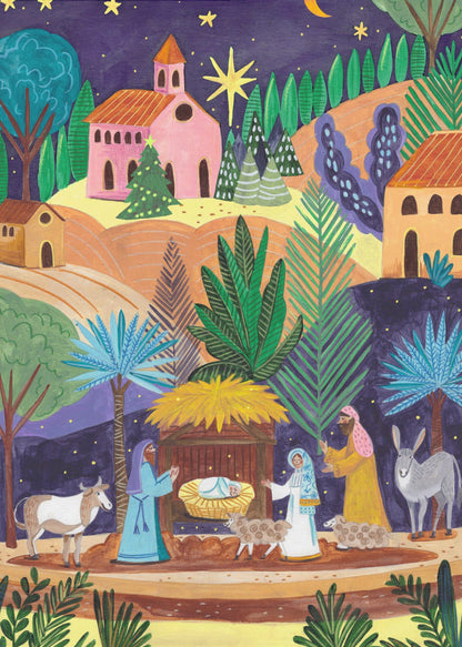 Décoration murale Crèche de Noël Nuit étoilée Impression sur toile