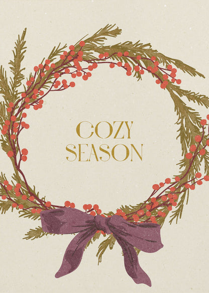 Wall art Cozy Season. Christmas wreath with bow Canvas Print