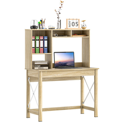 Bureau informatique Sloan avec surmeuble et étagères de rangement - Chêne