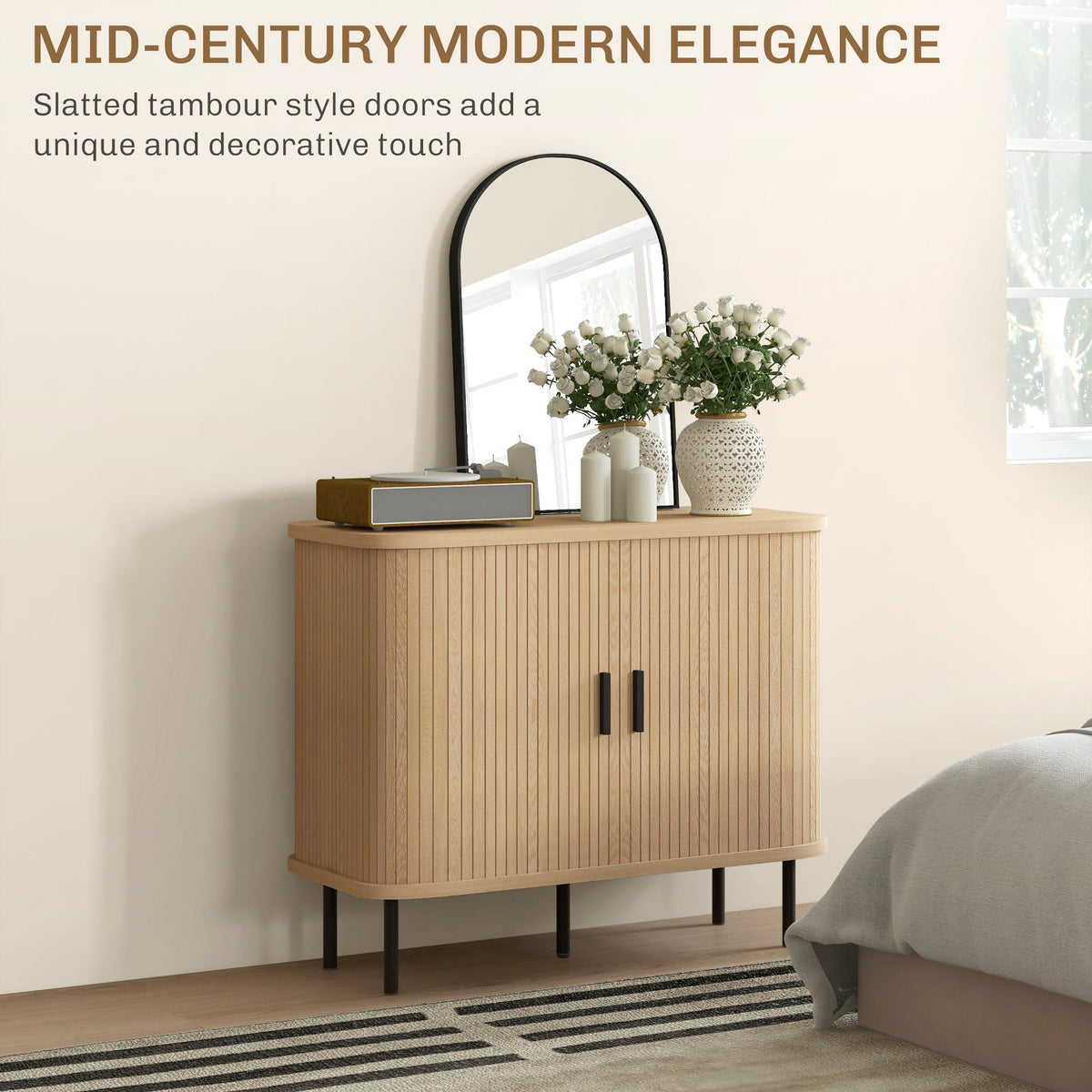Aspen 35.4" Sideboard Buffet Cabinet with Slatted Tambour Doors-Oak