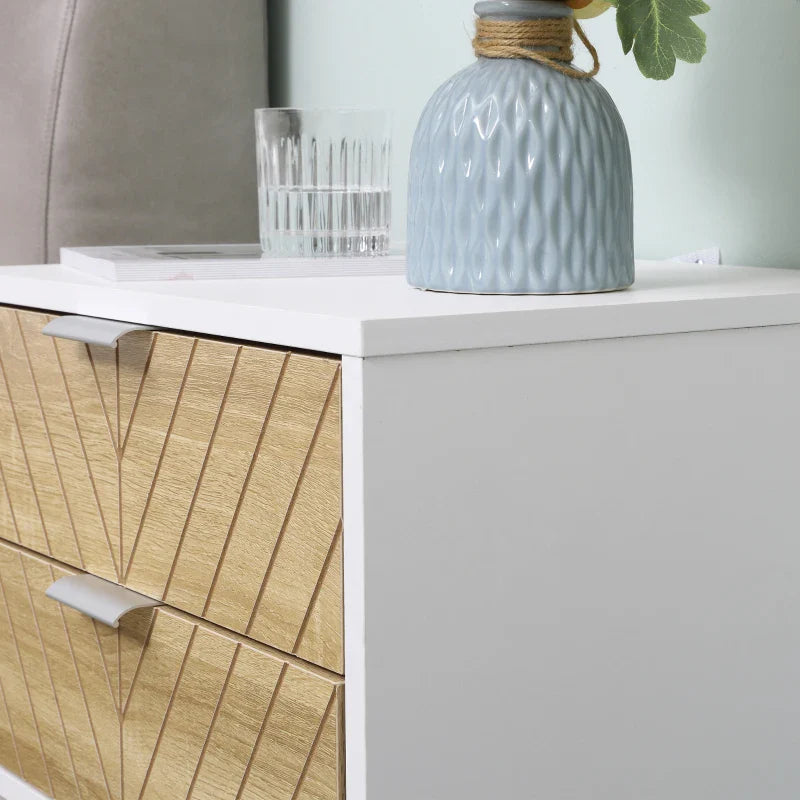 Table de chevet moderne Emery avec 2 tiroirs et pieds en acier-Blanc/Chêne