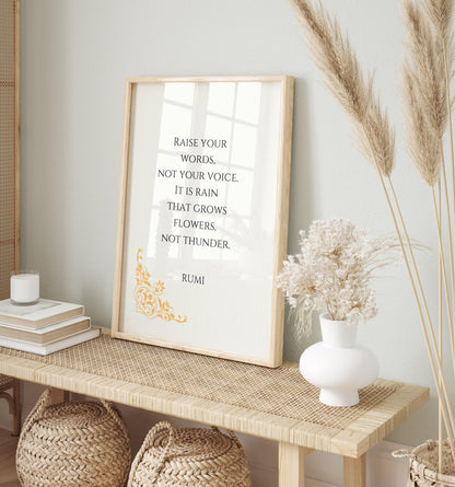 Impression d'art citation de Rumi : Poème Pluie et Tonnerre, Affiche d'inspiration beige