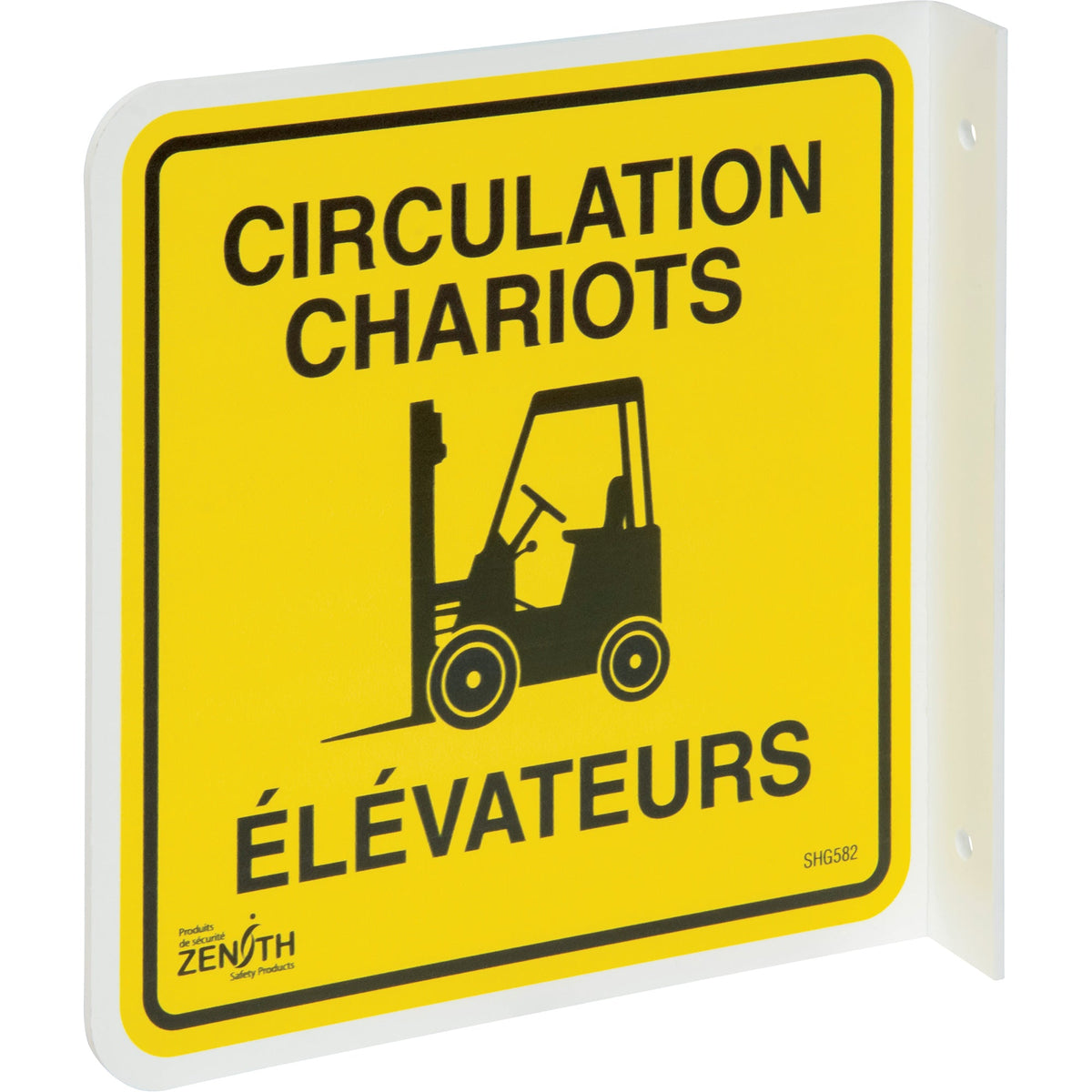 Panneau de signalisation « Circulation Chariots Élévateurs » saillant à 90°, 8" x 8", plastique, français avec pictogramme