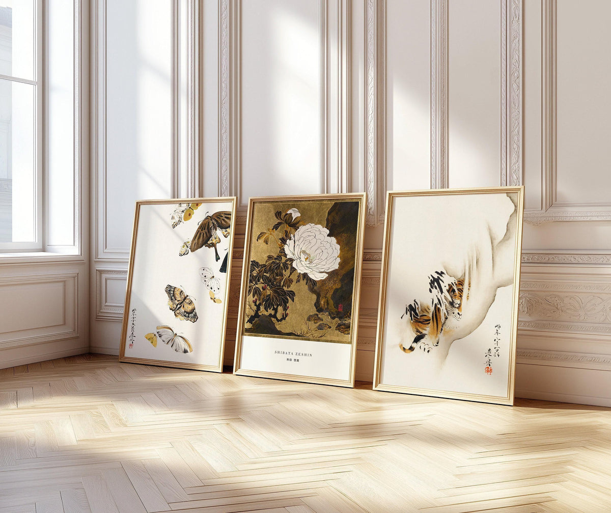 Shibata Zeshin Japanese Art Print Set: Butterflies, Peonies, Tiger