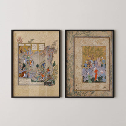 STATEMENT DUO Ancient Persian Miniatures - Hawking Party and Shahnameh |  | Ancient Illuminated Manuscript available framed
