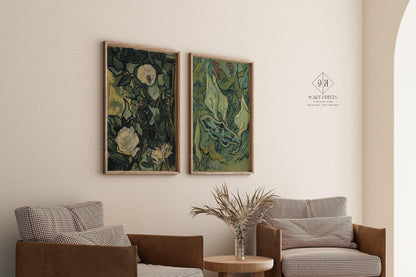 Impressions d'art Van Gogh : Roses et papillon de nuit, Art mural vert