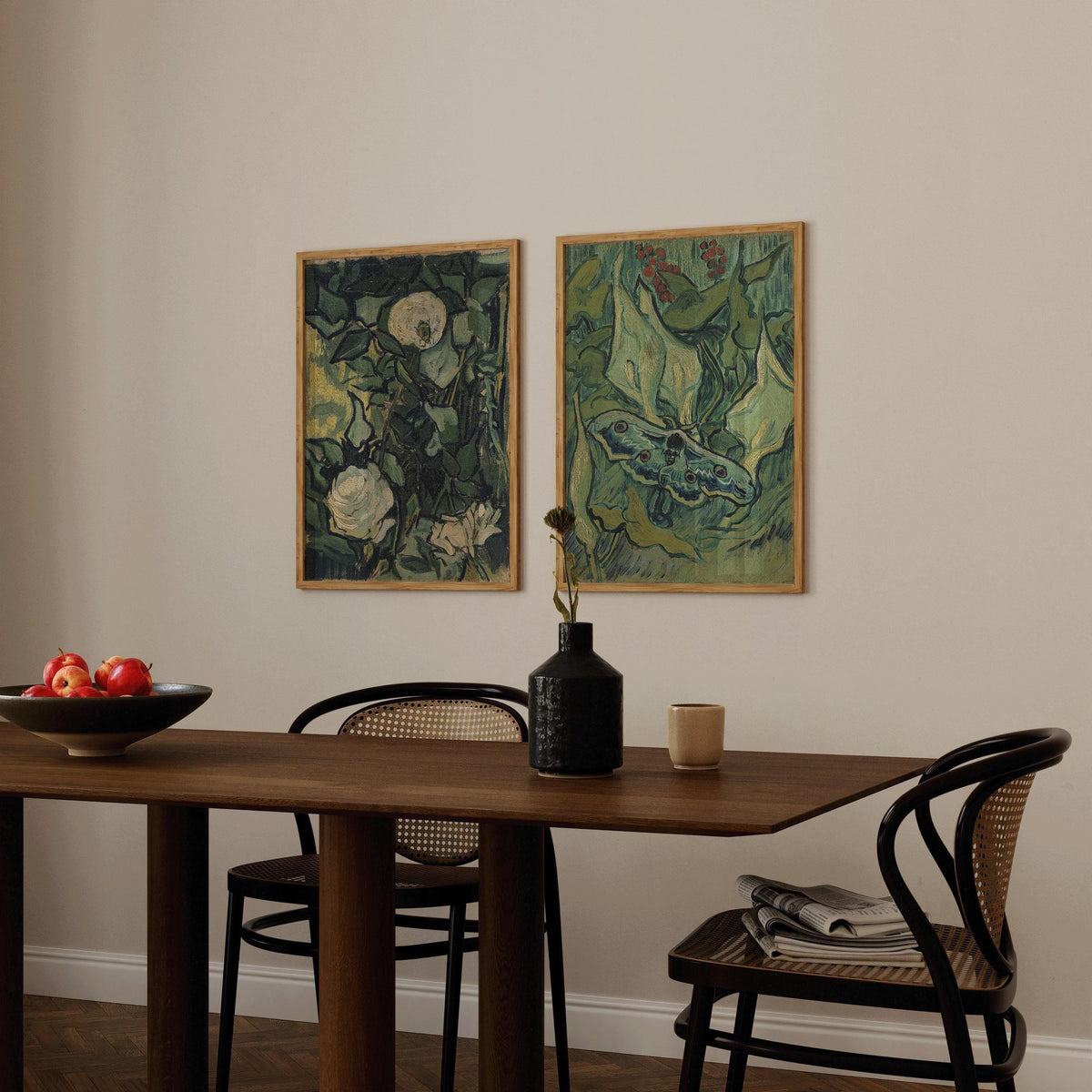 Impressions d'art Van Gogh : Roses et papillon de nuit, Art mural vert