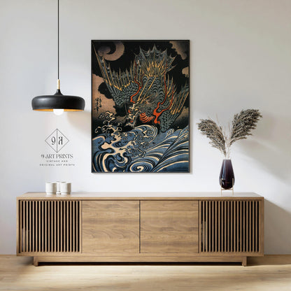 Estampe de dragon volant de Kuniyoshi : Art japonais sur bois vintage