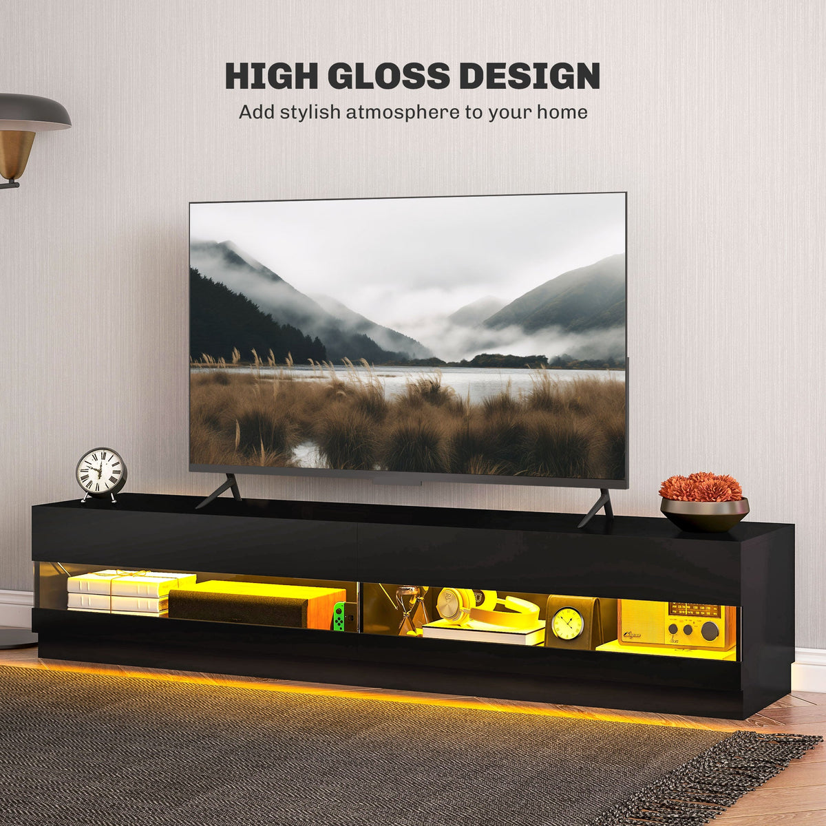 Meuble TV Hart lumineux pour téléviseurs jusqu'à 75" - Noir brillant