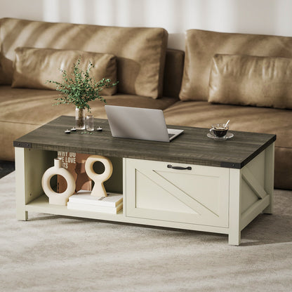 Table basse de ferme Lowen avec tiroir et étagère de rangement ouverte – Gris vieilli/Blanc
