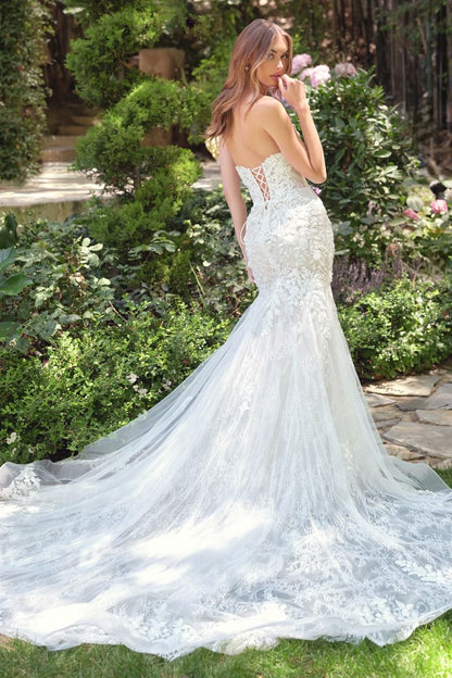 mermaid gown features a strapless lace-up closure for adjustable support